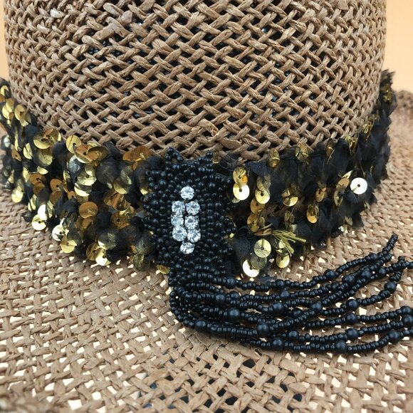 Boho Luxe Straw Hat Feather Beaded Sequin Band Festival Resort Statement main image 5